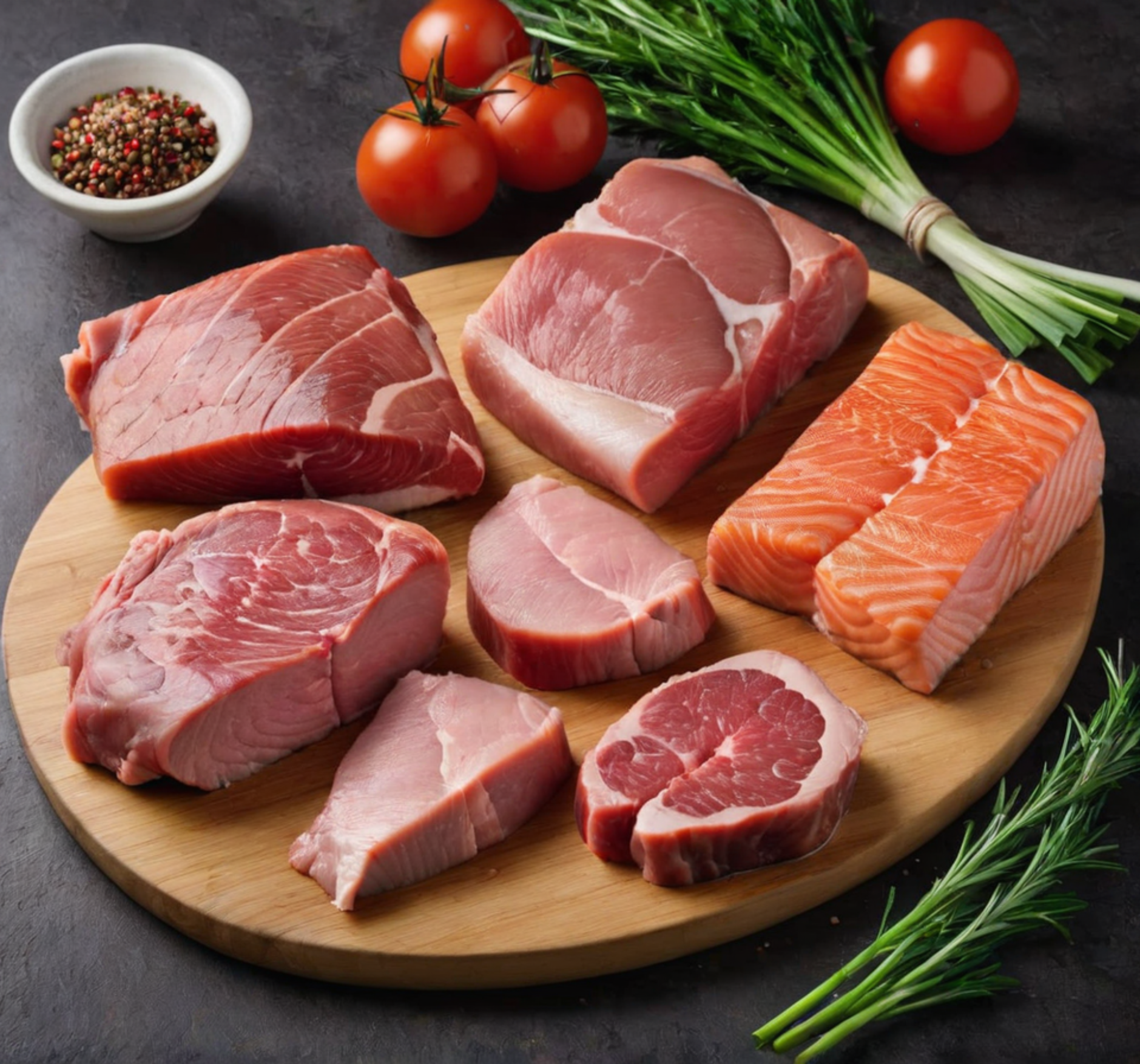 Illustration: several types of meat placed on a cutting board portraying the protein in a dog's diet.